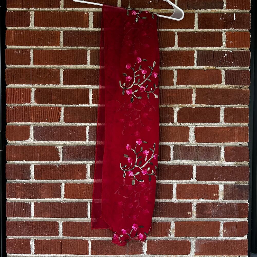 Red Sheer Embroidered Floral Scarf Long Wrap Vintage Style Lightweight